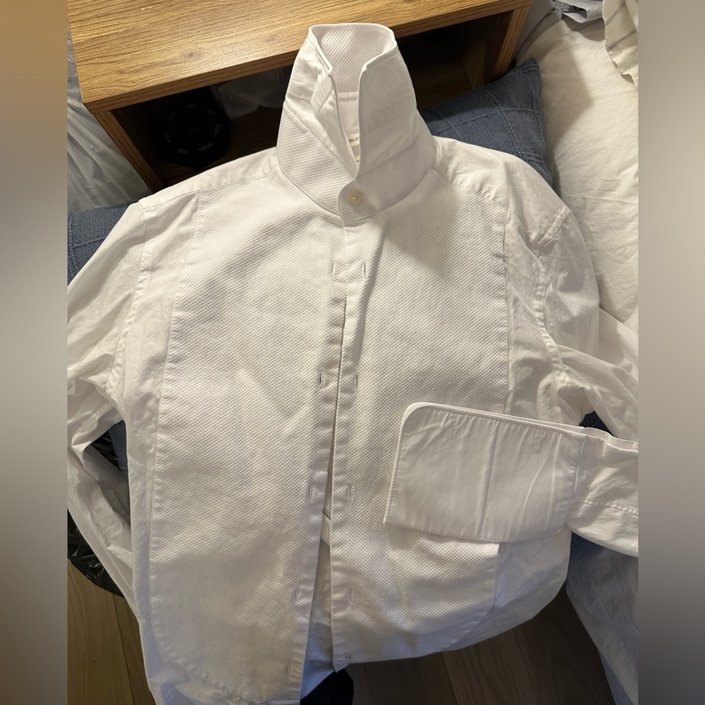 Men's White Tuxedo shirt - no buttons. Plaid texture

Worn 1x for wedding